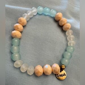 Erimish Pastel Peach & Aqua Beaded Stretch Bracelet with Gold Charm